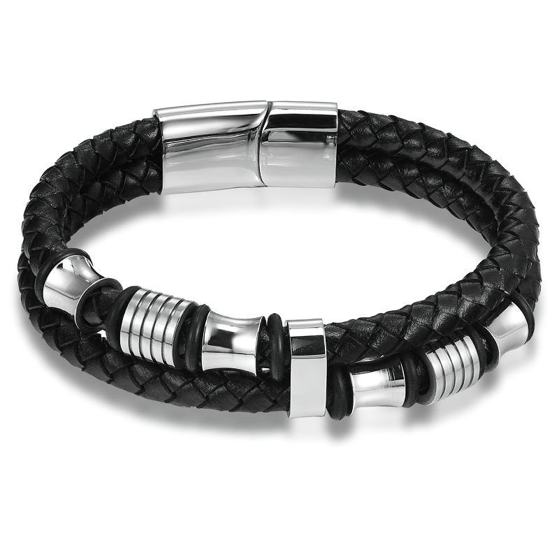 Luxury Men's Bracelet / Genuine Leather and Stainless Steel Combination Bracelet