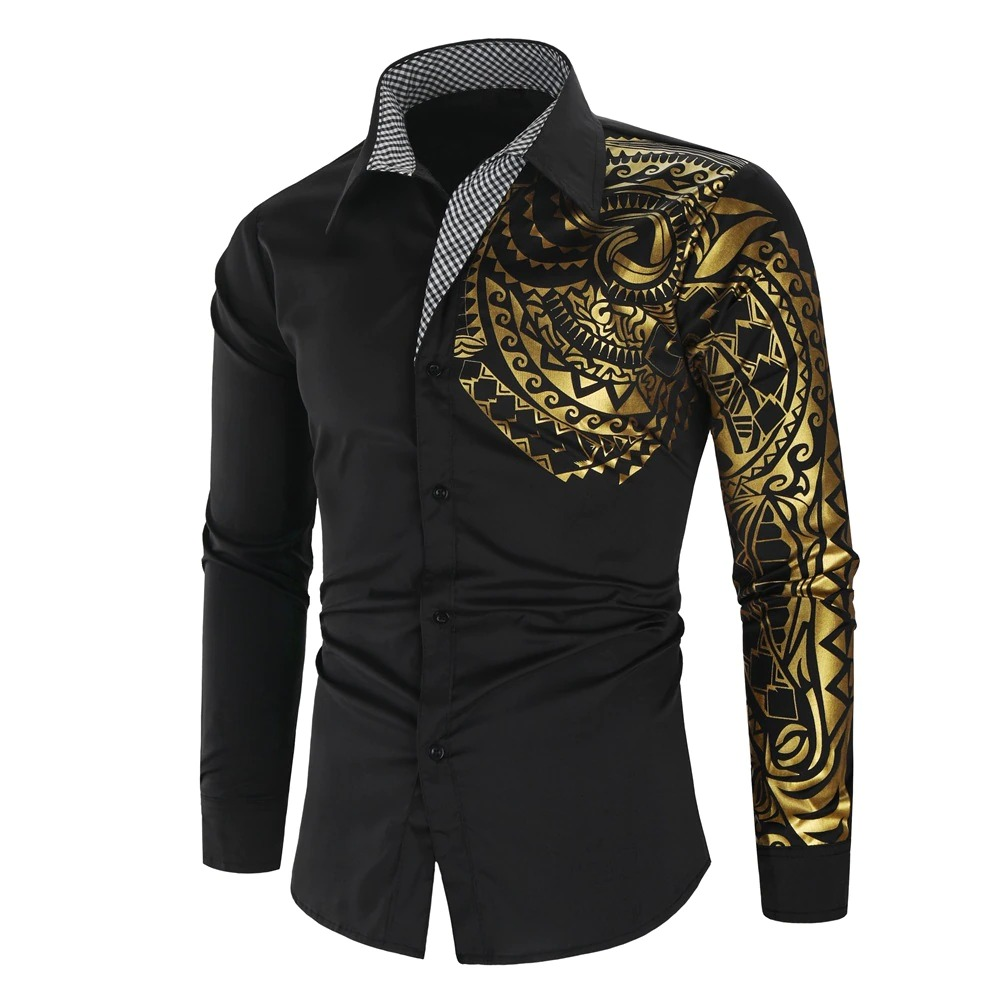 Luxury Men's Shirt with Gold Print / Fashion Slim Fit Long Sleeve Shirts