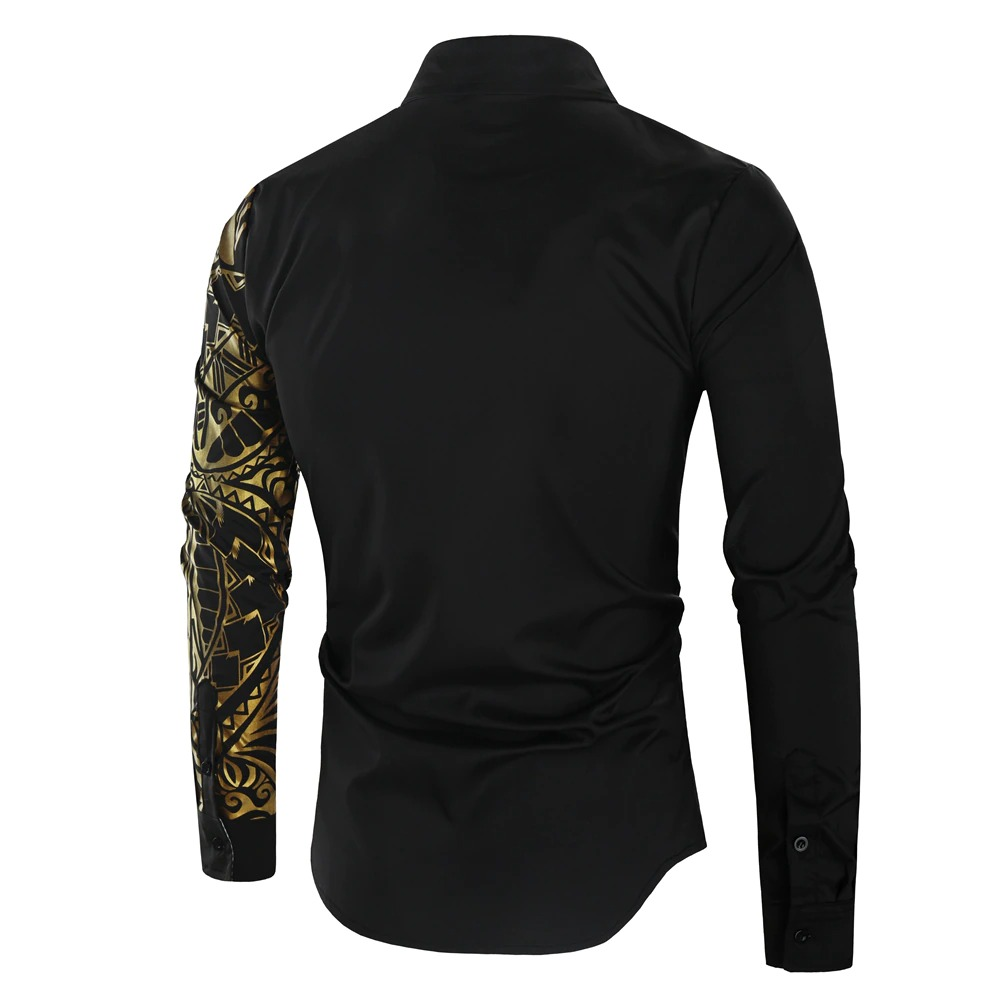Luxury Men's Shirt with Gold Print / Fashion Slim Fit Long Sleeve Shirts