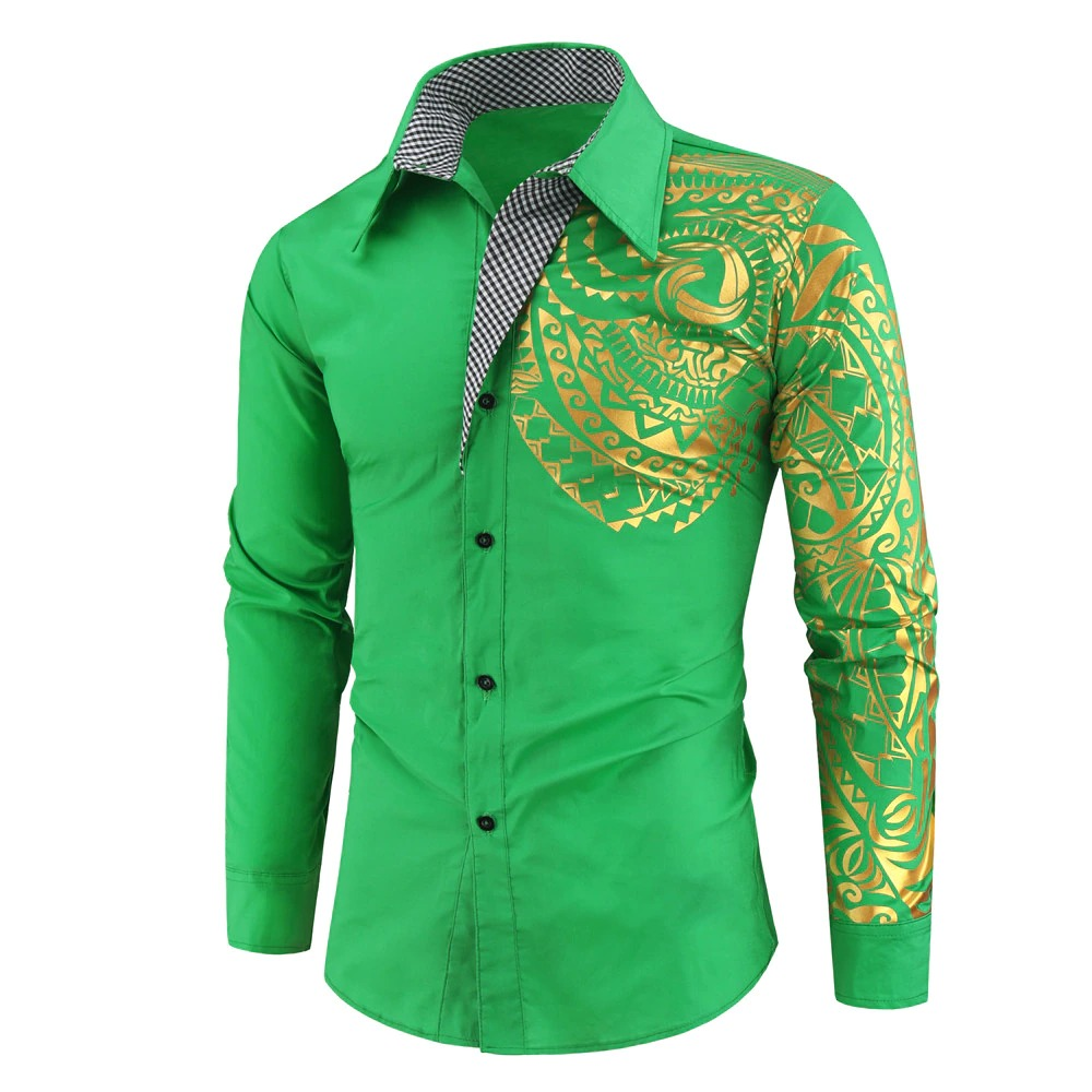 Luxury Men's Shirt with Gold Print / Fashion Slim Fit Long Sleeve Shirts