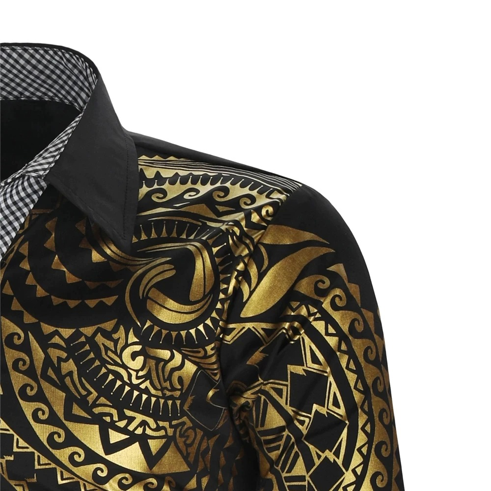 Luxury Men's Shirt with Gold Print / Fashion Slim Fit Long Sleeve Shirts