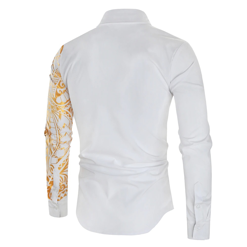 Luxury Men's Shirt with Gold Print / Fashion Slim Fit Long Sleeve Shirts