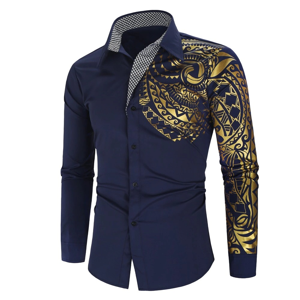 Luxury Men's Shirt with Gold Print / Fashion Slim Fit Long Sleeve Shirts
