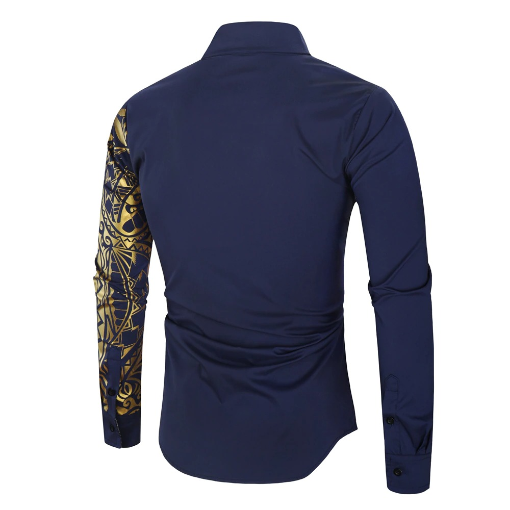 Luxury Men's Shirt with Gold Print / Fashion Slim Fit Long Sleeve Shirts