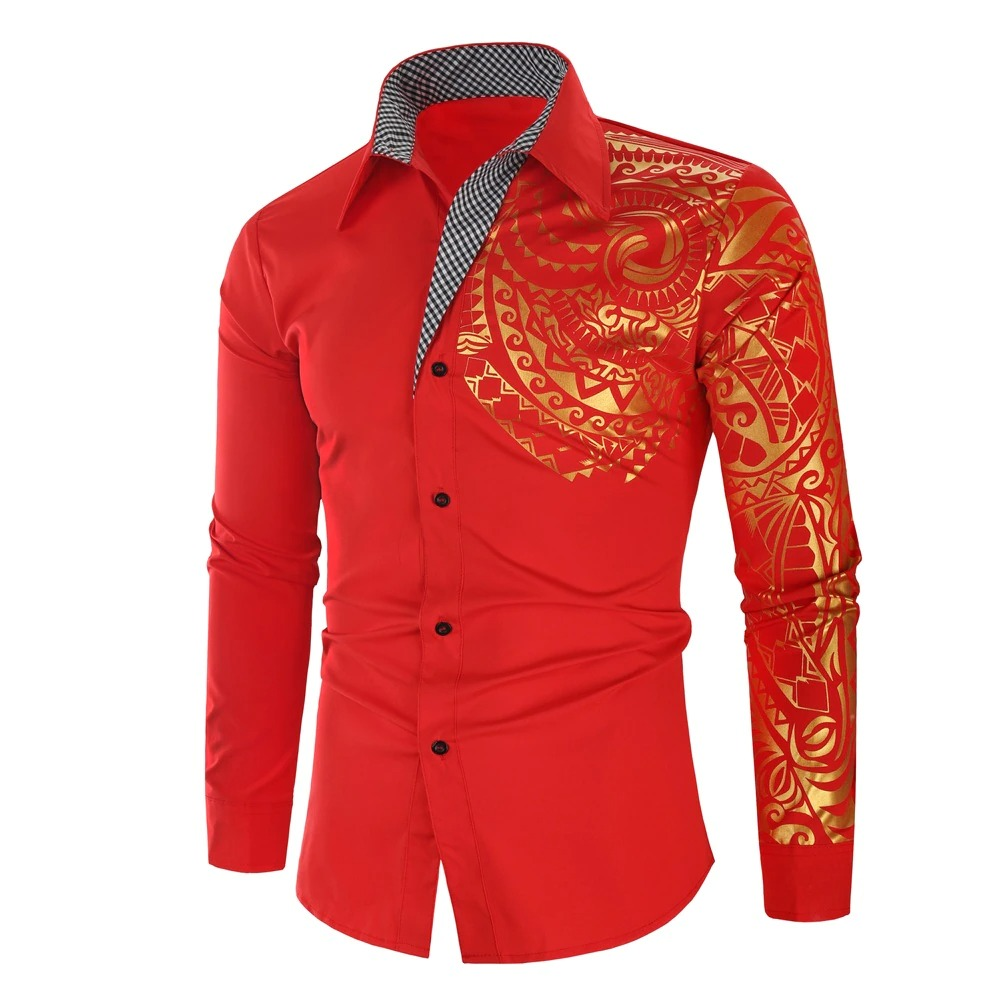 Luxury Men's Shirt with Gold Print / Fashion Slim Fit Long Sleeve Shirts