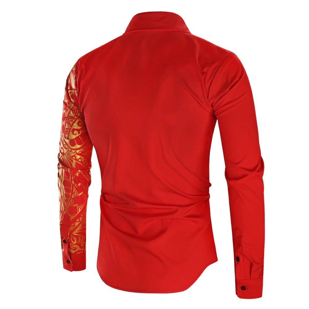 Luxury Men's Shirt with Gold Print / Fashion Slim Fit Long Sleeve Shirts