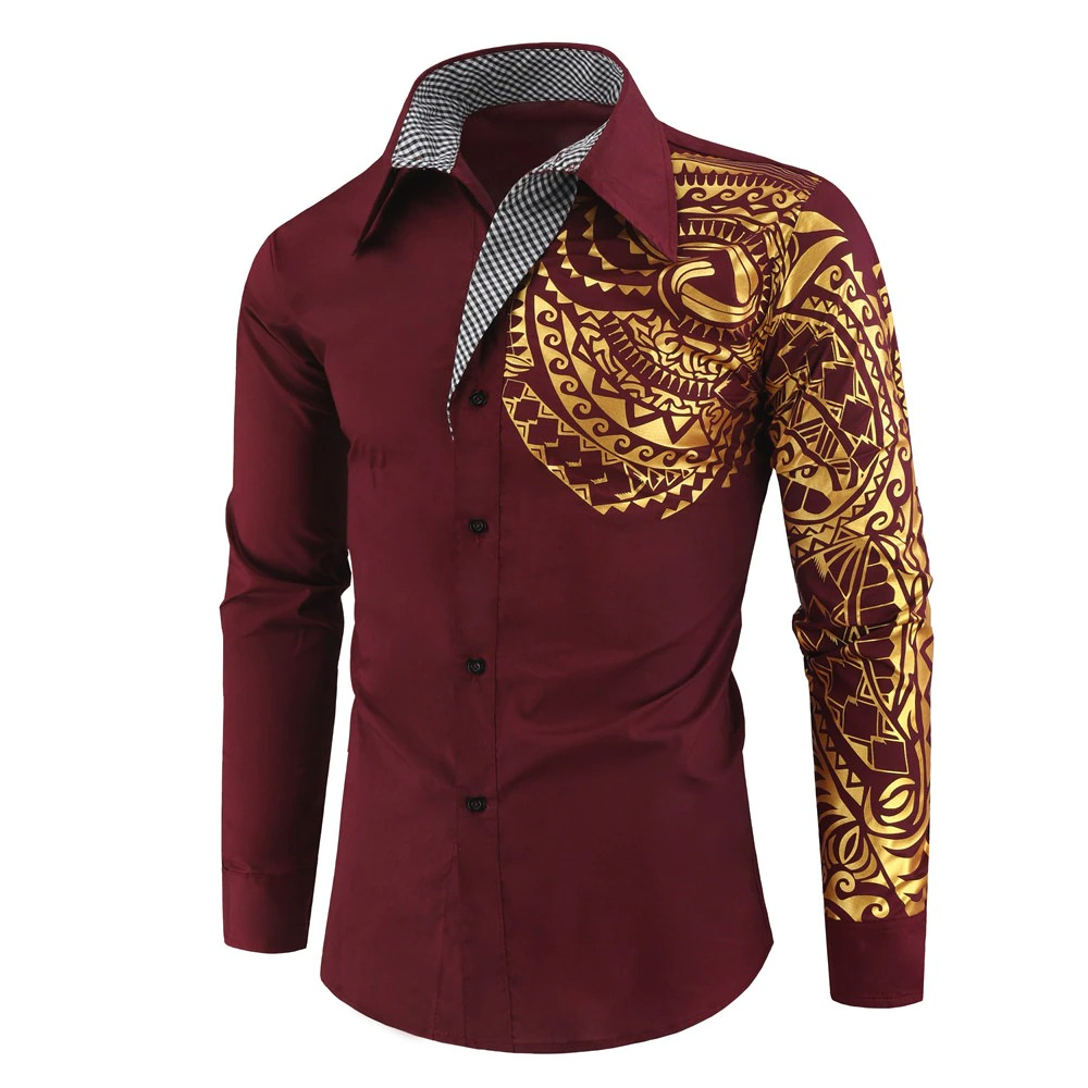 Luxury Men's Shirt with Gold Print / Fashion Slim Fit Long Sleeve Shirts