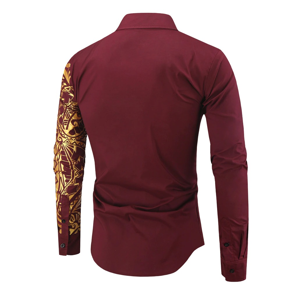Luxury Men's Shirt with Gold Print / Fashion Slim Fit Long Sleeve Shirts
