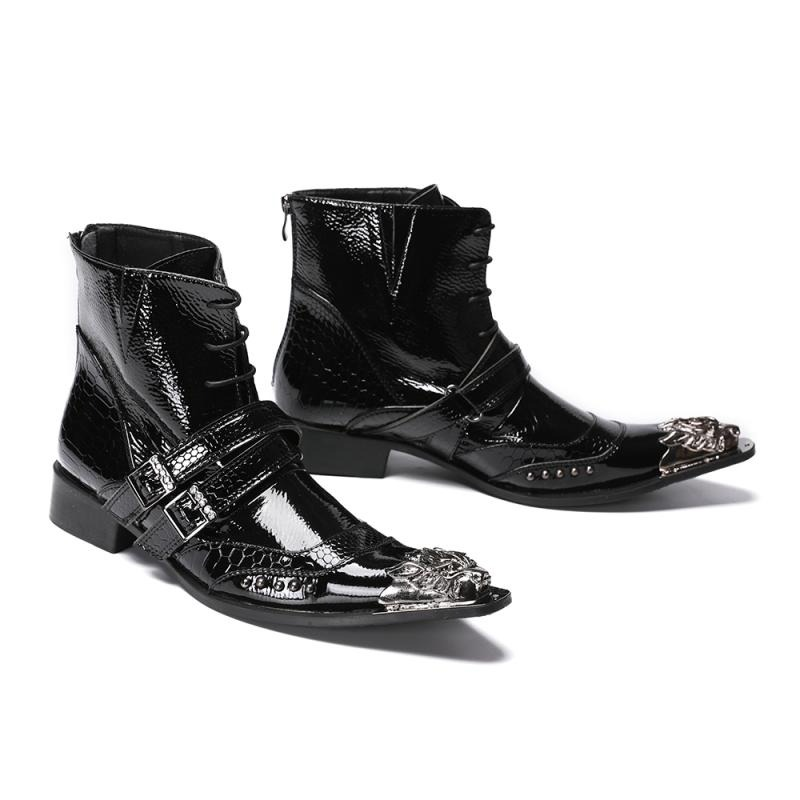 Luxury Patent Leather Metal Pointed Toe Boots for Men / Trendy Male Lace Up Ankle Boots with Buckle