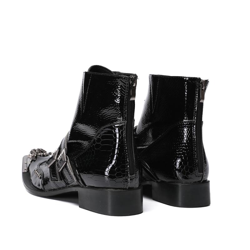 Luxury Patent Leather Metal Pointed Toe Boots for Men / Trendy Male Lace Up Ankle Boots with Buckle
