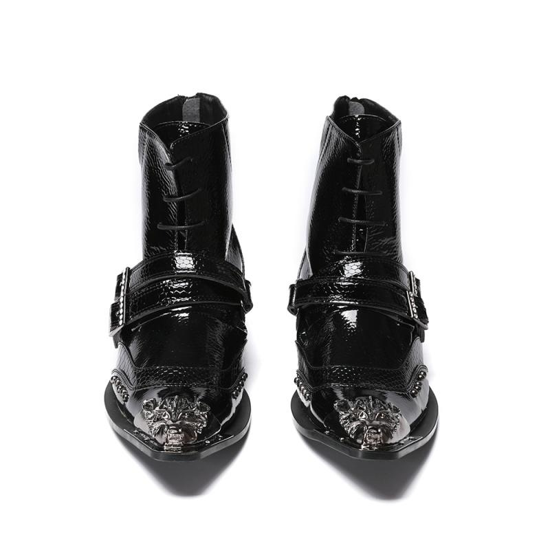 Luxury Patent Leather Metal Pointed Toe Boots for Men / Trendy Male Lace Up Ankle Boots with Buckle