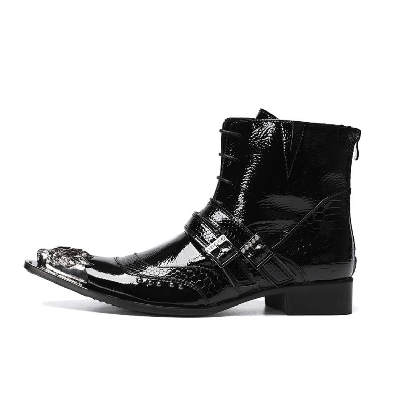 Luxury Patent Leather Metal Pointed Toe Boots for Men / Trendy Male Lace Up Ankle Boots with Buckle