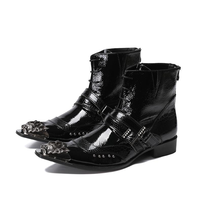 Luxury Patent Leather Metal Pointed Toe Boots for Men / Trendy Male Lace Up Ankle Boots with Buckle