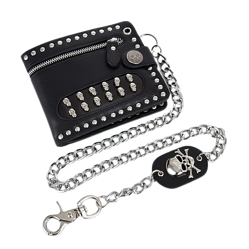 Luxury Short Wallet With Rivets Card Holder in Punk Style / Bikers Unisex Wallet With Chain