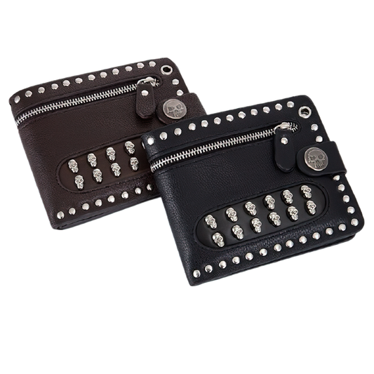 Luxury Short Wallet With Rivets Card Holder in Punk Style / Bikers Unisex Wallet With Chain