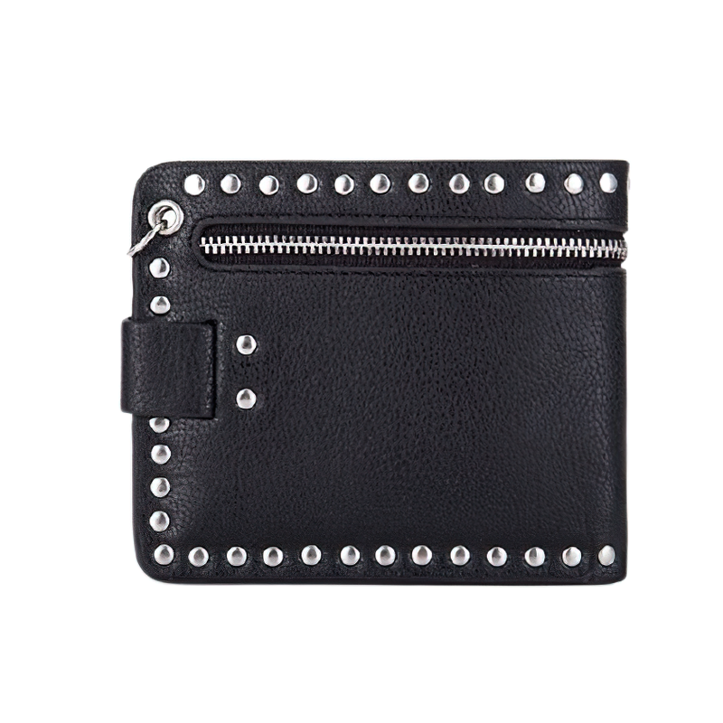 Luxury Short Wallet With Rivets Card Holder in Punk Style / Bikers Unisex Wallet With Chain