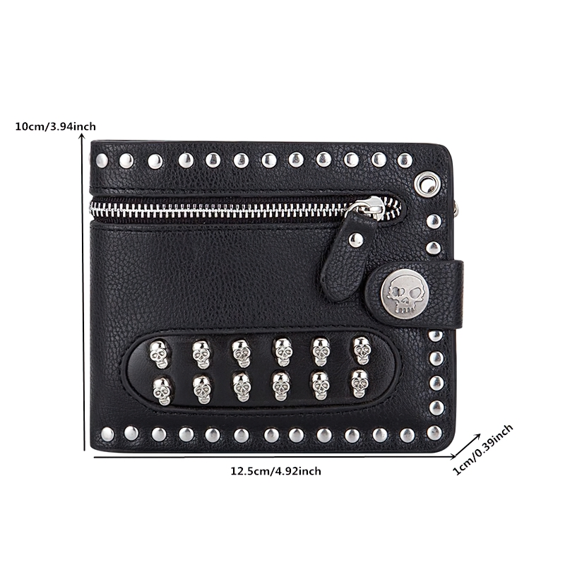Luxury Short Wallet With Rivets Card Holder in Punk Style / Bikers Unisex Wallet With Chain