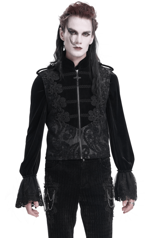 Male Black Brocade Waistcoat with Embroidered Details