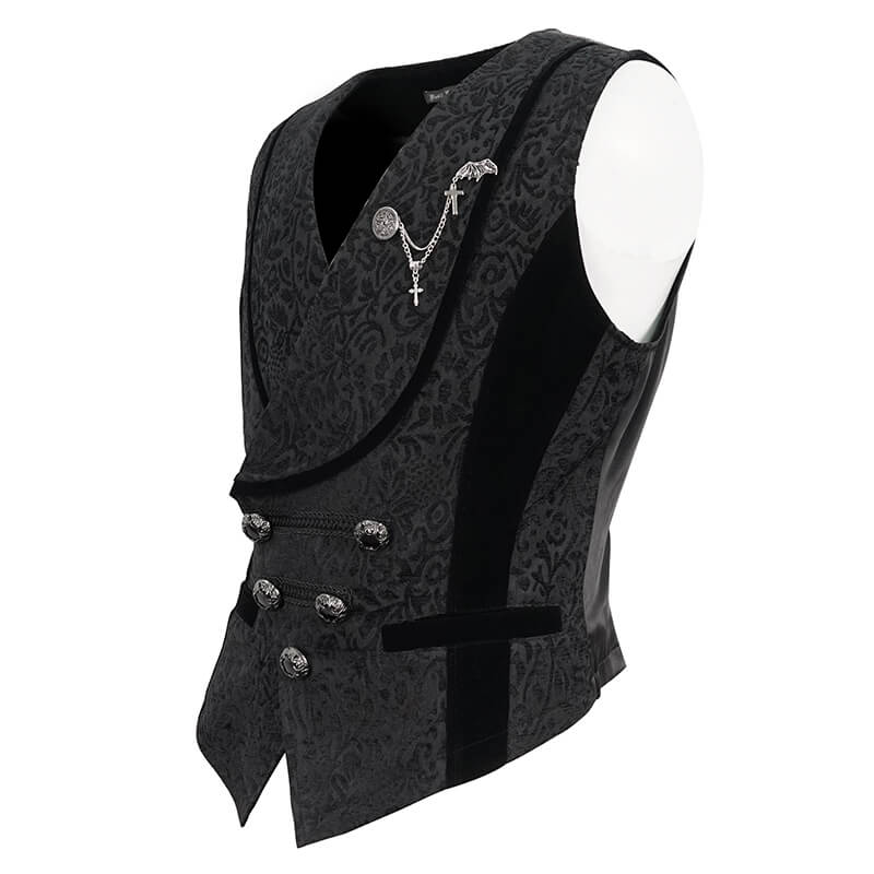 Male Black Jacquard Waistcoat / Men's Waistcoats with Patterned Metal Buttons and Belt on Back