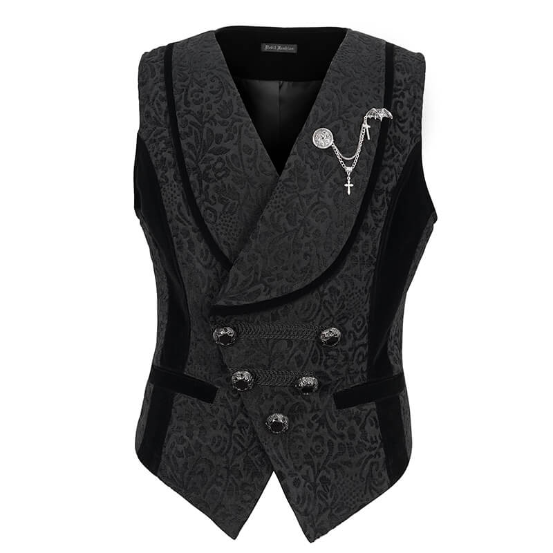 Male Black Jacquard Waistcoat / Men's Waistcoats with Patterned Metal Buttons and Belt on Back