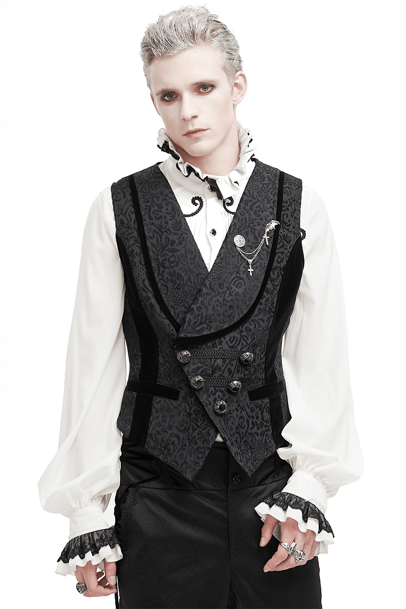 Male Black Jacquard Waistcoat / Men's Waistcoats with Patterned Metal Buttons and Belt on Back