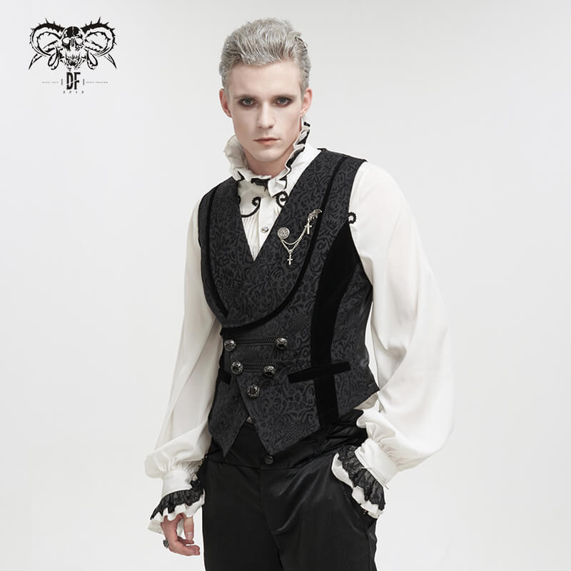 Male Black Jacquard Waistcoat / Men's Waistcoats with Patterned Metal Buttons and Belt on Back