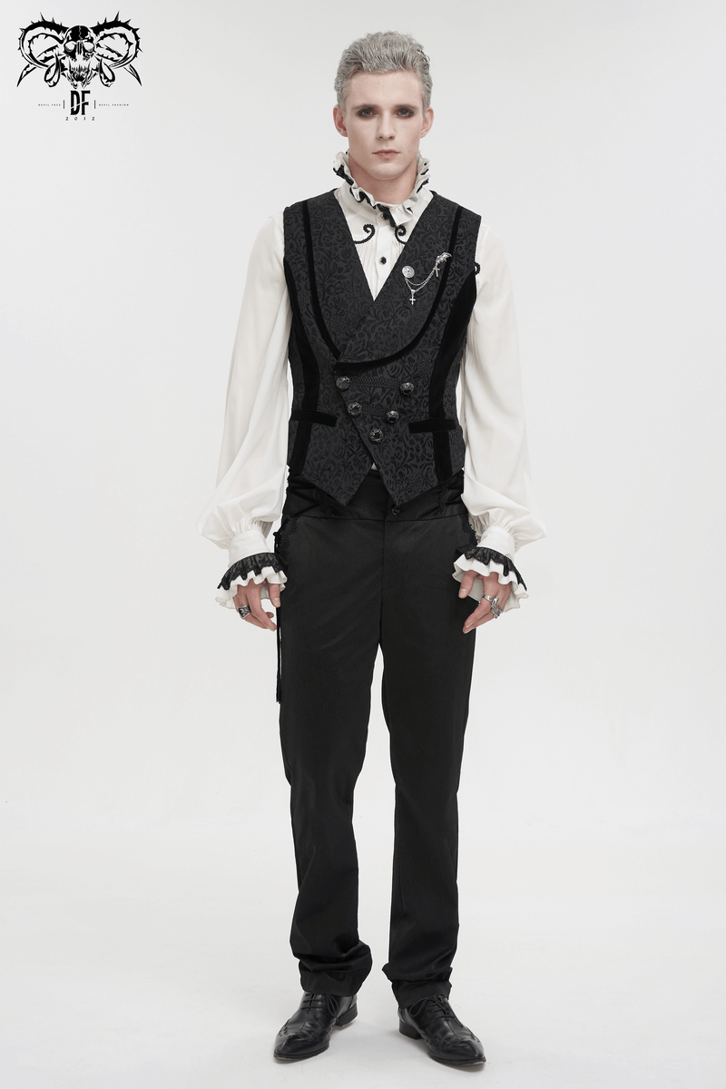 Male Black Jacquard Waistcoat / Men's Waistcoats with Patterned Metal Buttons and Belt on Back
