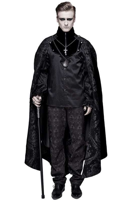 Male Black Long Cloak with Stand-Up Collar / Men's Cloak With Removable Cross & Medallion Necklace