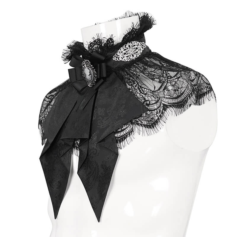 Male Black Retro Ruffle Bow Tie / Stand Collar Lace Necktie with Buttons Back in Gothic Style