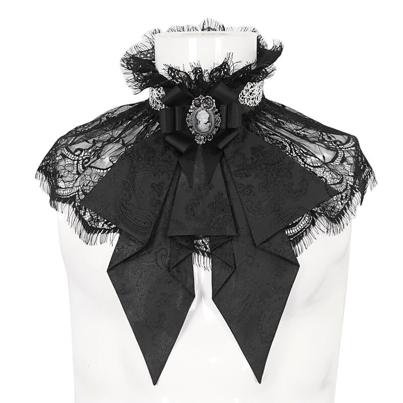 Male Black Retro Ruffle Bow Tie / Stand Collar Lace Necktie with Buttons Back in Gothic Style