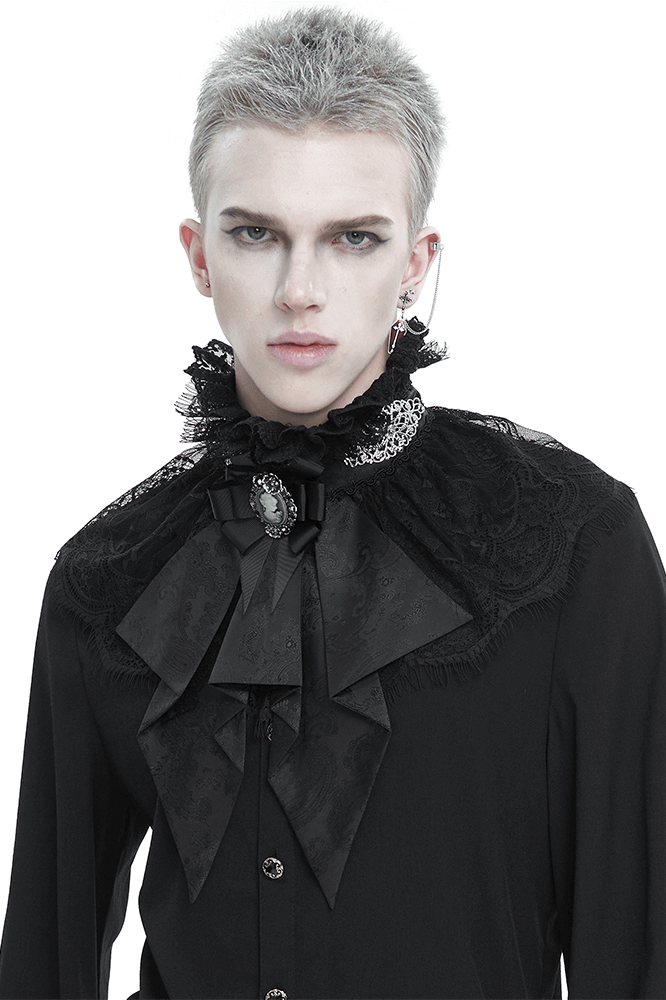 Male Black Retro Ruffle Bow Tie / Stand Collar Lace Necktie with Buttons Back in Gothic Style