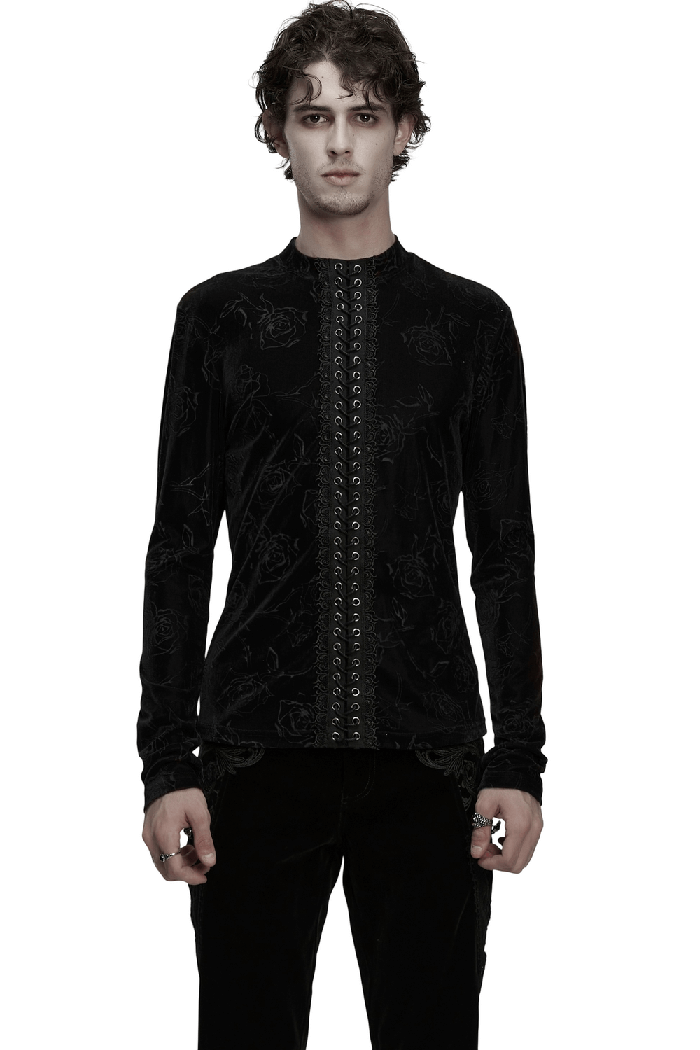 Male Black Rose Embossed Velvet Top with Long Sleeves