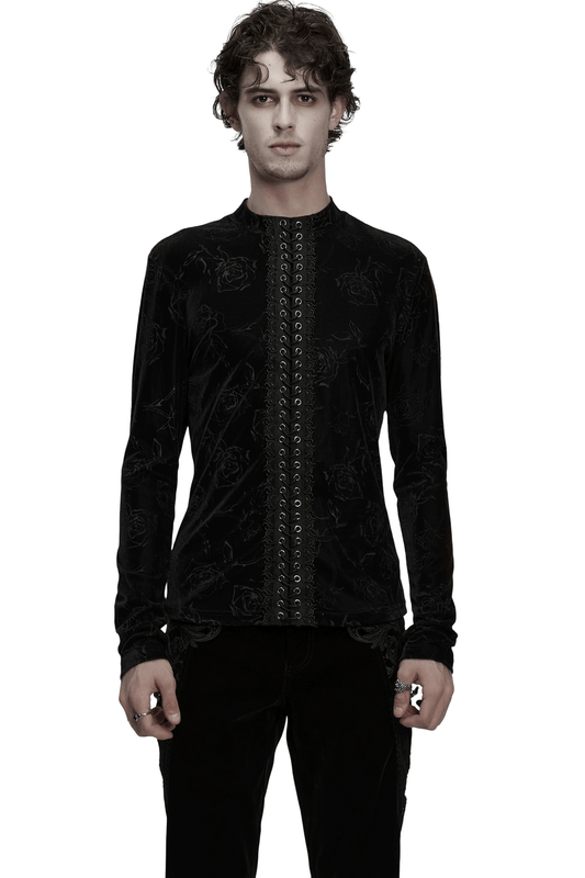 Male Black Rose Embossed Velvet Top with Long Sleeves