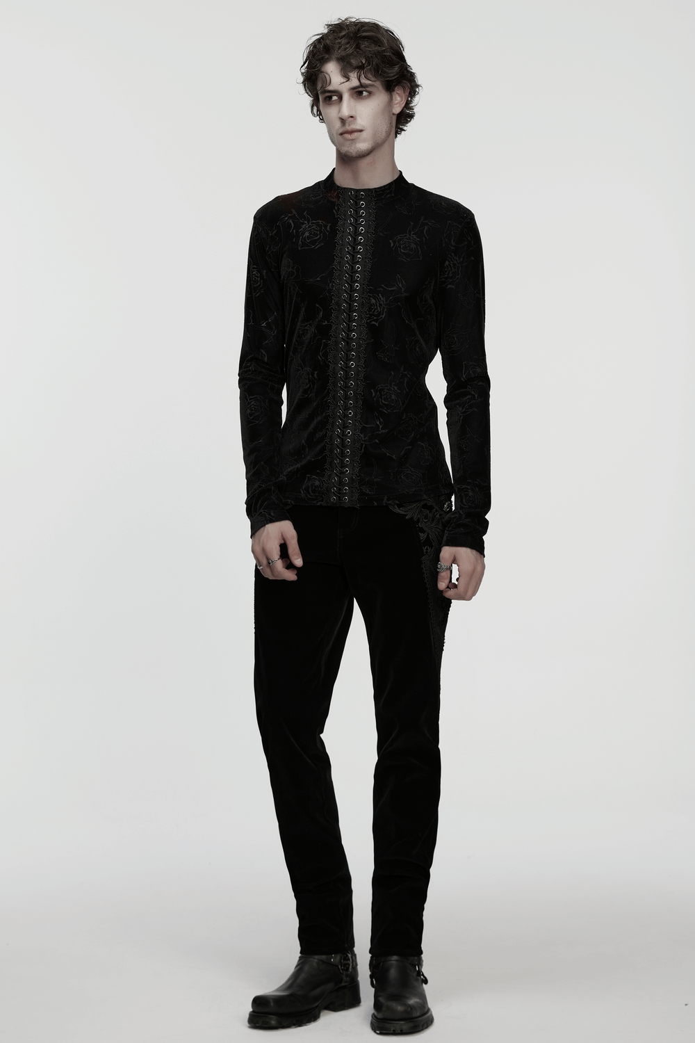 Male Black Rose Embossed Velvet Top with Long Sleeves