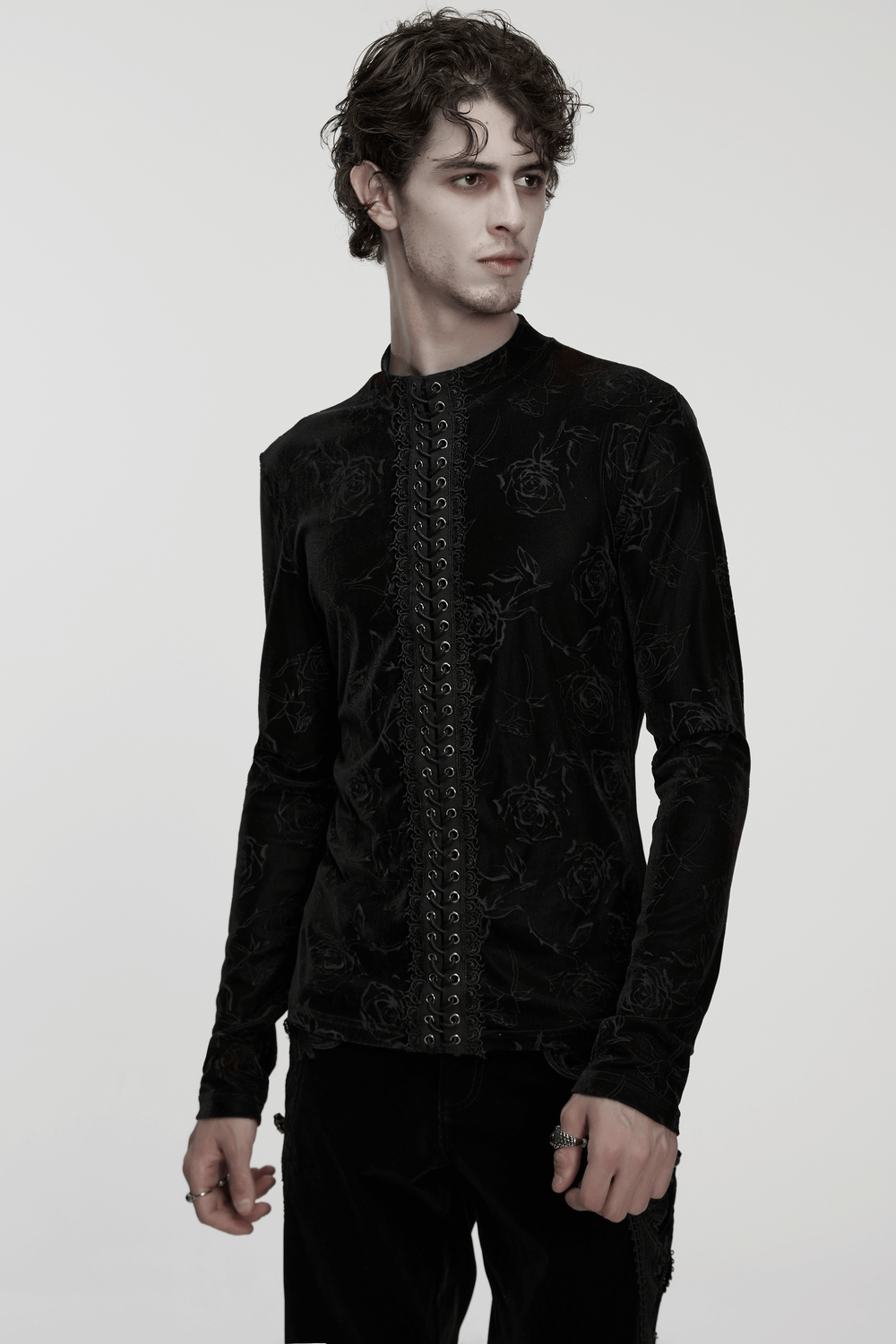Male Black Rose Embossed Velvet Top with Long Sleeves