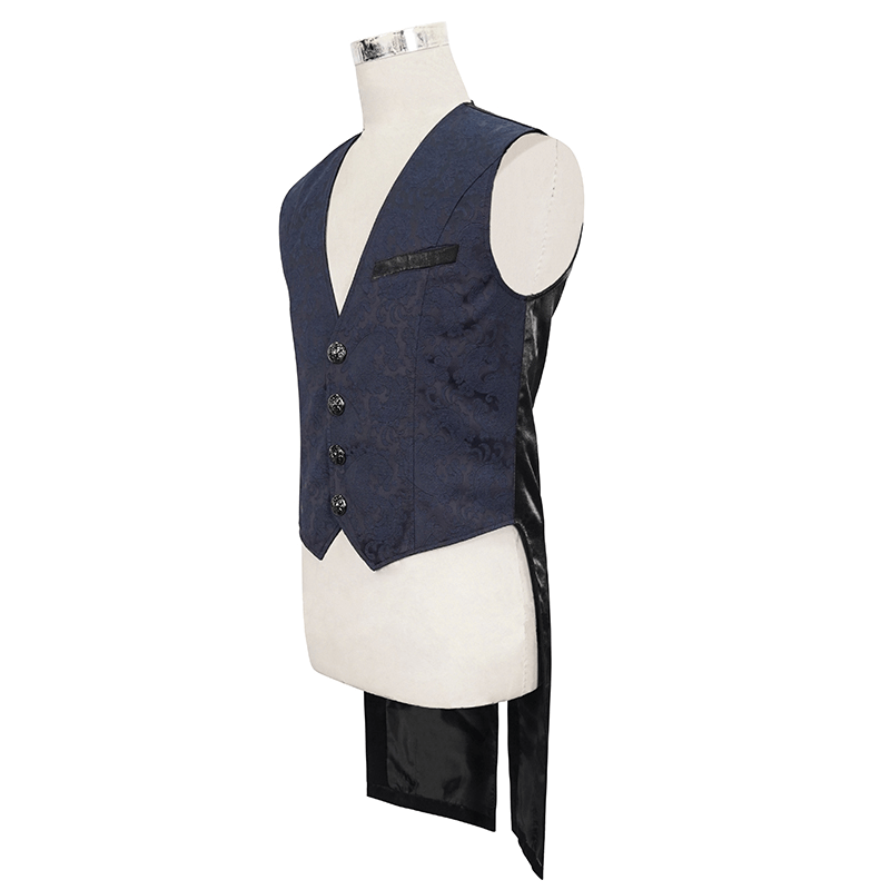 Male Blue and Black Gothic Tailed Waistcoat / Elegant Men's Waistcoats with Engraved Buckle on Back