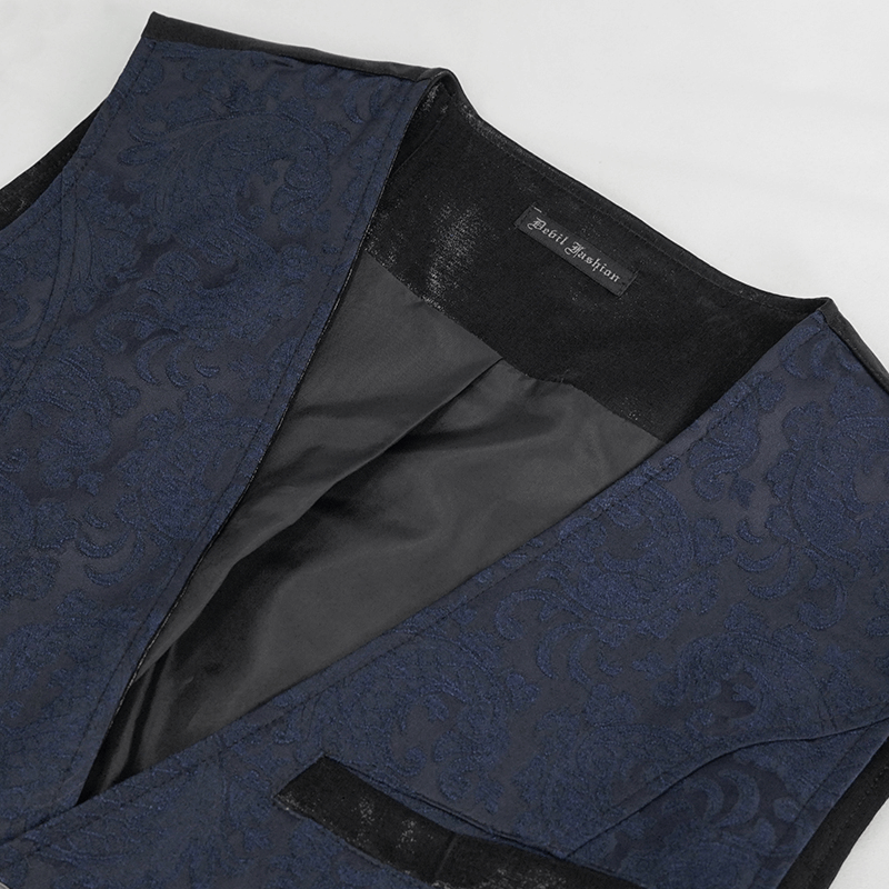 Male Blue and Black Gothic Tailed Waistcoat / Elegant Men's Waistcoats with Engraved Buckle on Back