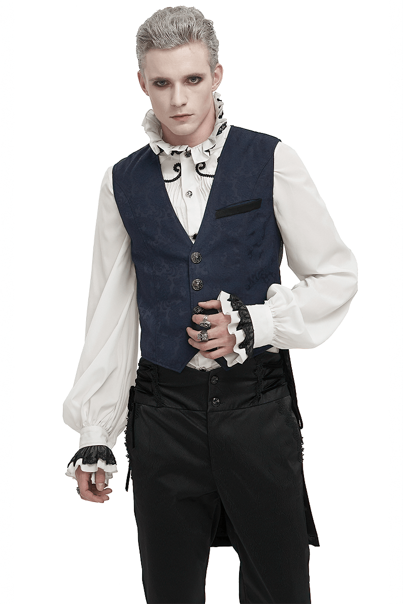 Male Blue and Black Gothic Tailed Waistcoat / Elegant Men's Waistcoats with Engraved Buckle on Back
