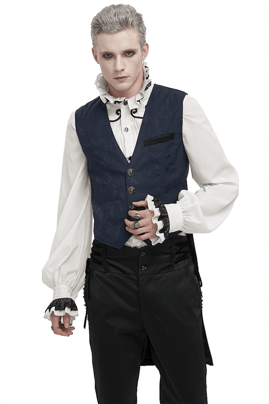 Male Blue and Black Gothic Tailed Waistcoat / Elegant Men's Waistcoats with Engraved Buckle on Back