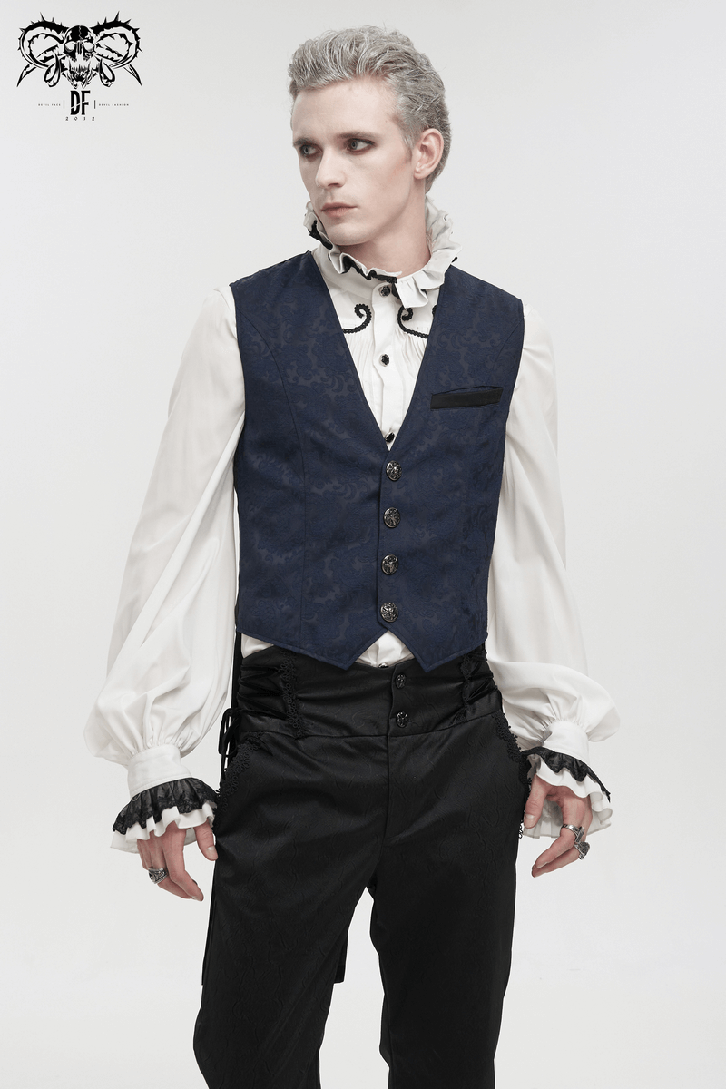 Male Blue and Black Gothic Tailed Waistcoat / Elegant Men's Waistcoats with Engraved Buckle on Back