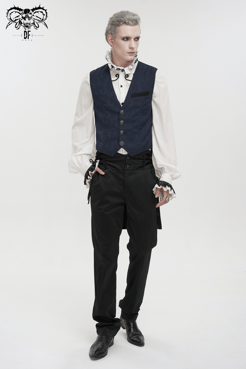 Male Blue and Black Gothic Tailed Waistcoat / Elegant Men's Waistcoats with Engraved Buckle on Back