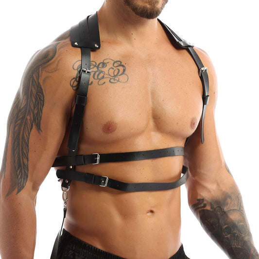 Male Body Harness / Faux Leather Body Chest Harness Costumes with O-rings Buttons / Gothic Bondage