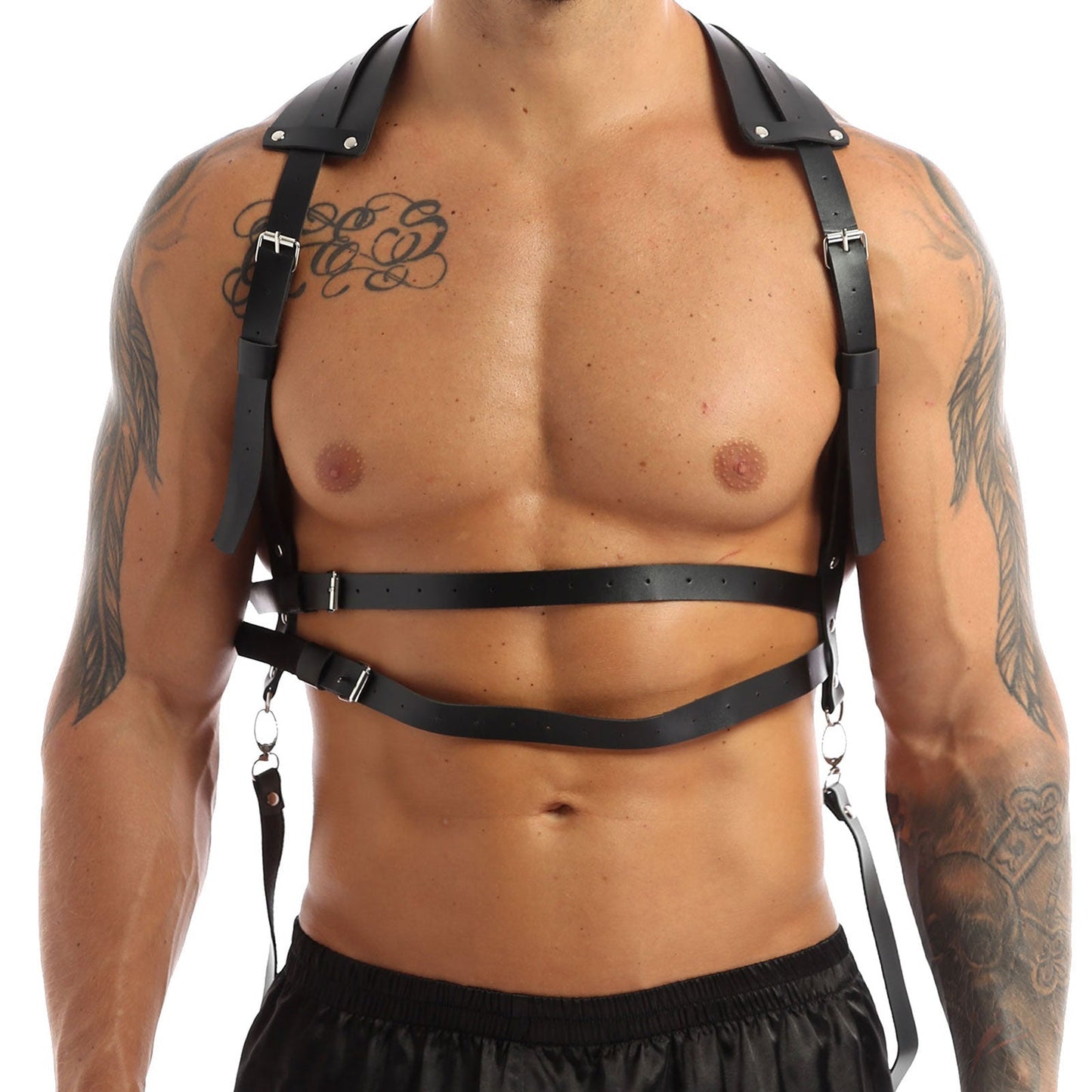 Male Body Harness / Faux Leather Body Chest Harness Costumes with O-rings Buttons / Gothic Bondage