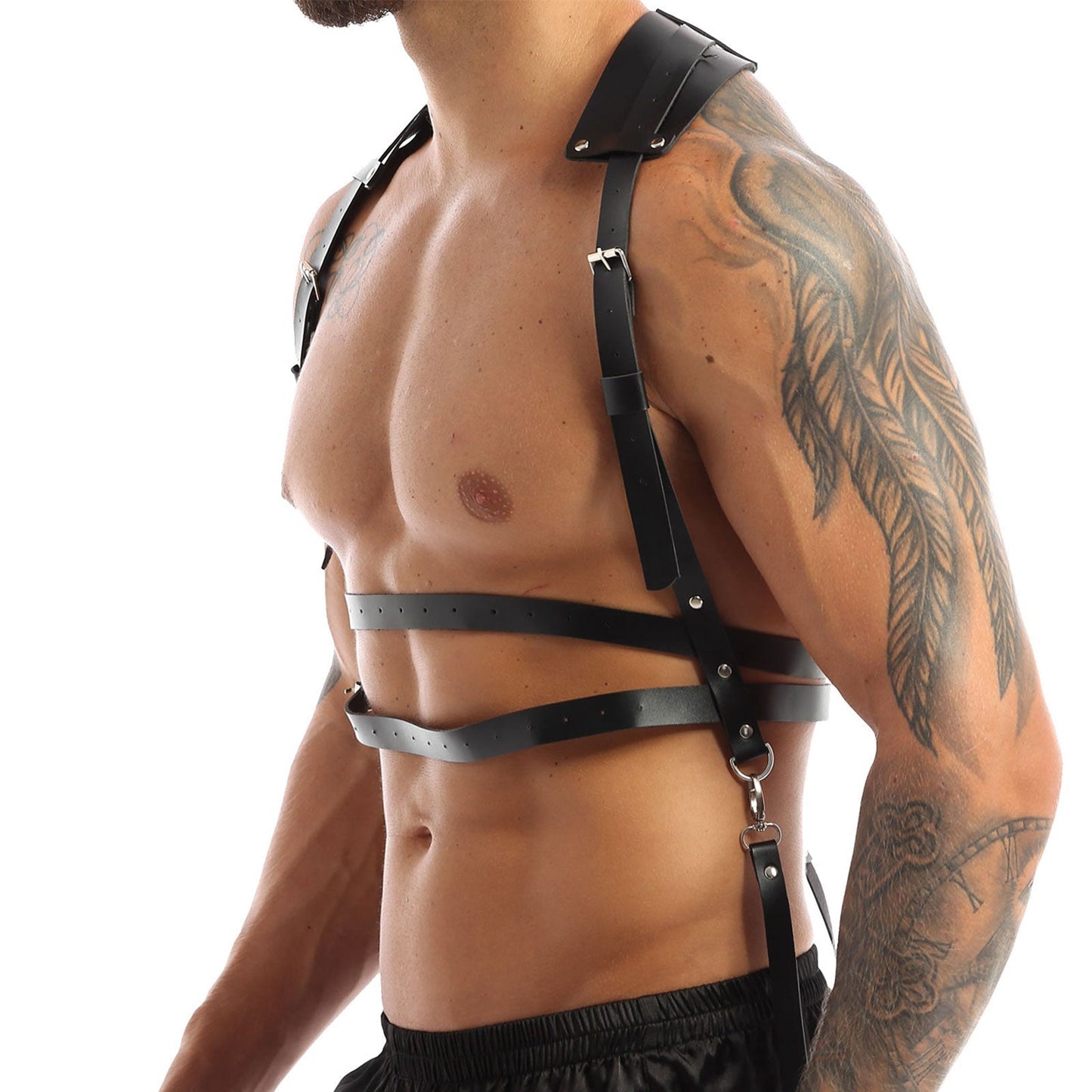 Male Body Harness / Faux Leather Body Chest Harness Costumes with O-rings Buttons / Gothic Bondage