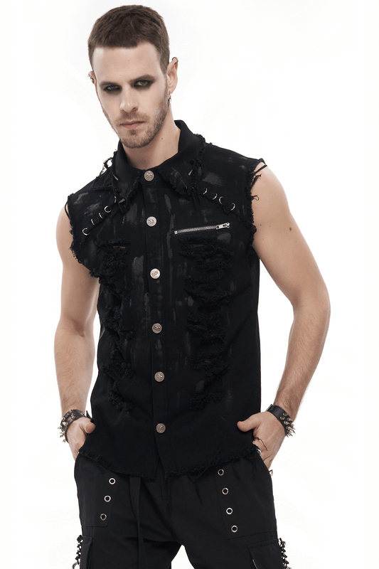 Male Distressed Ripped Sleeveless Shirts in Punk Style / Turn-Down Collar Shirt