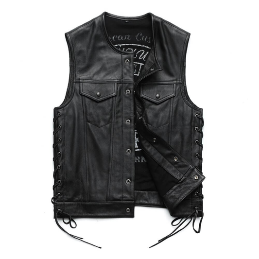 Male Genuine Leather Motorcycle Vest with Laces on Sides / Biker Slim Black Vest for Men