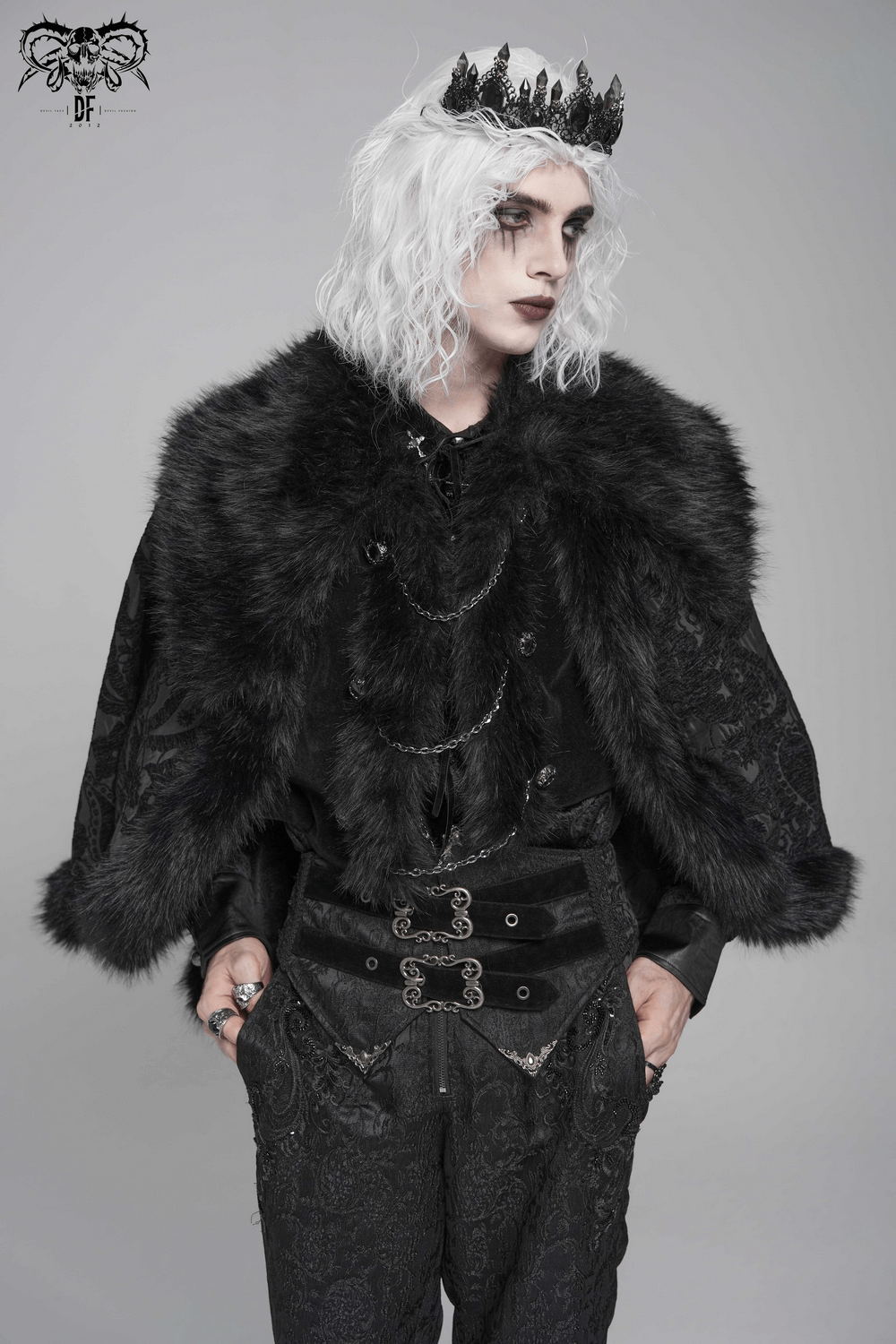 Male Gothic Cape with Faux Fur Collar and Hem Trim