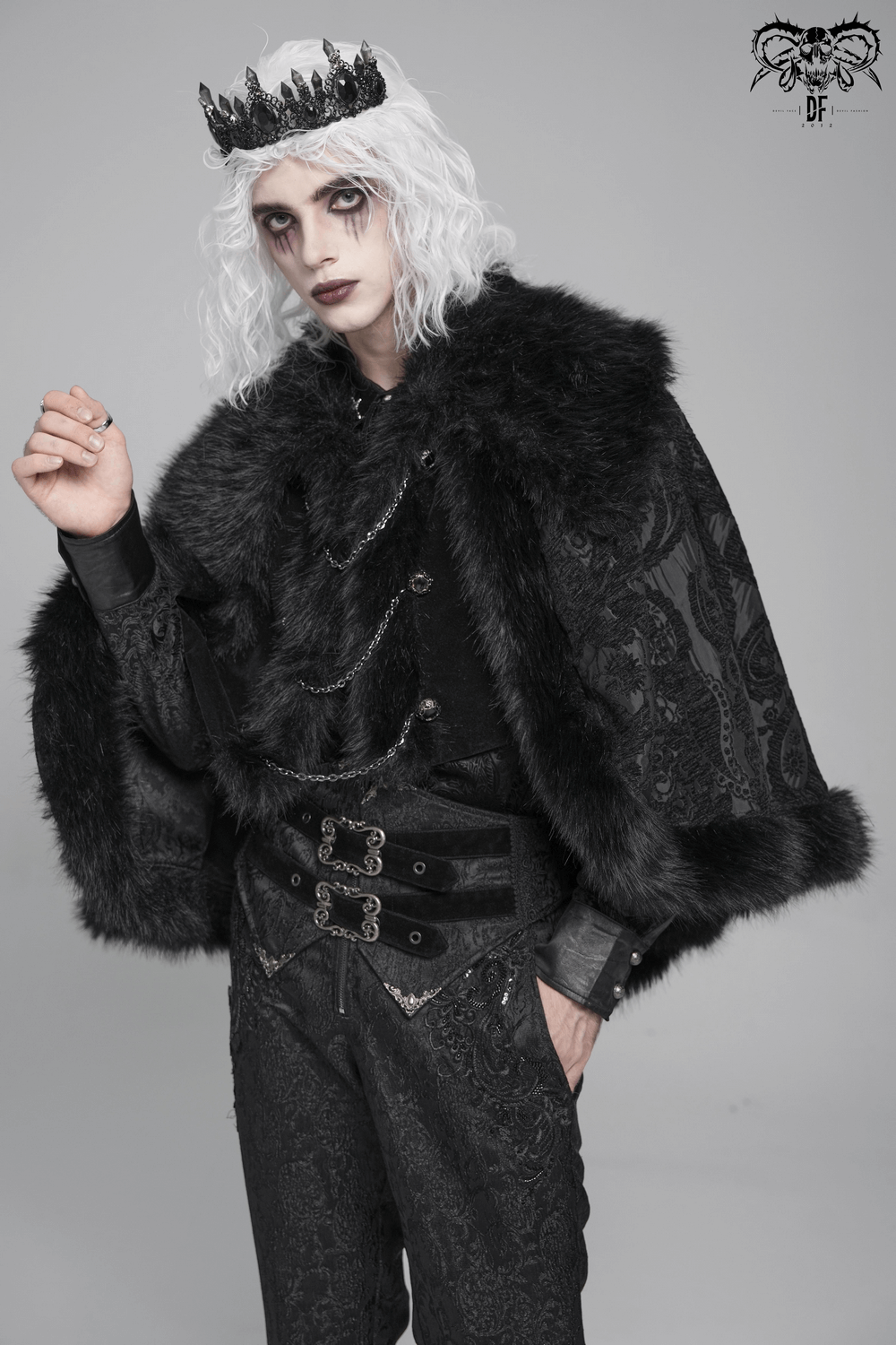 Male Gothic Cape with Faux Fur Collar and Hem Trim