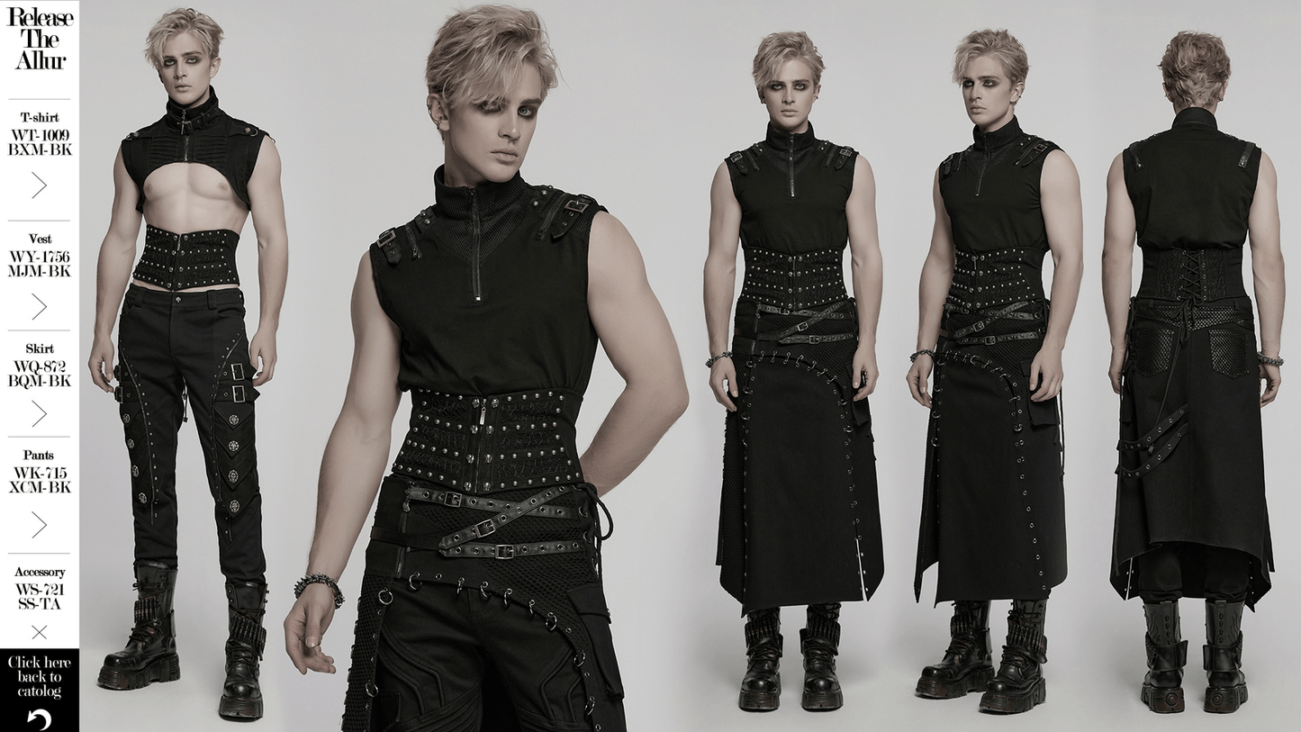 Male Gothic Corset Belt with Rivets and Lace-Up Back