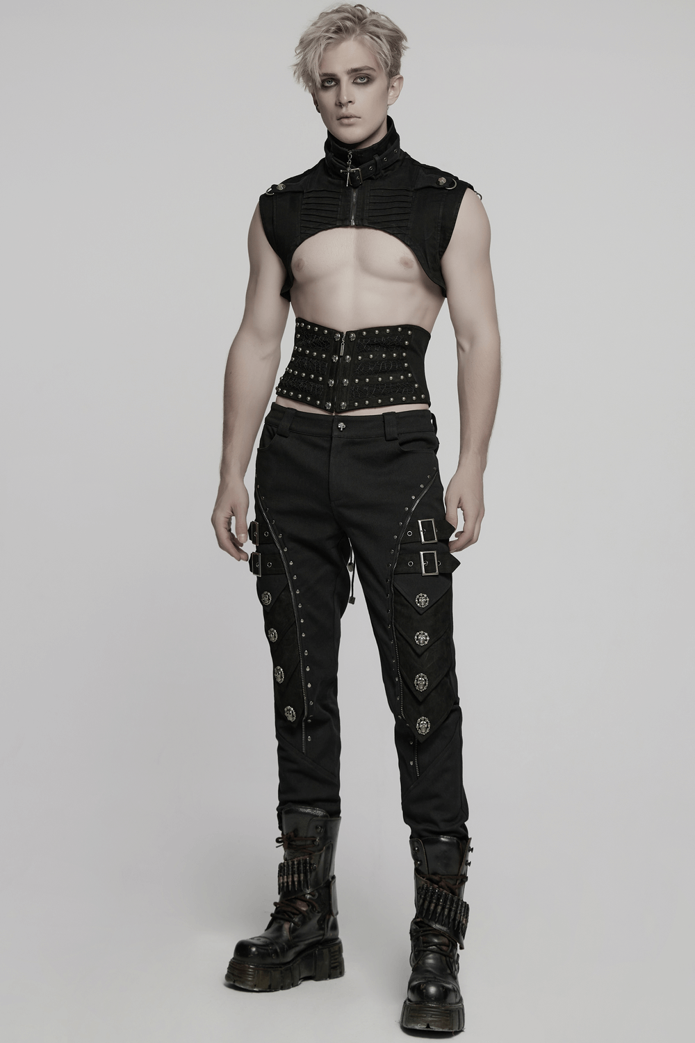 Male Gothic Corset Belt with Rivets and Lace-Up Back